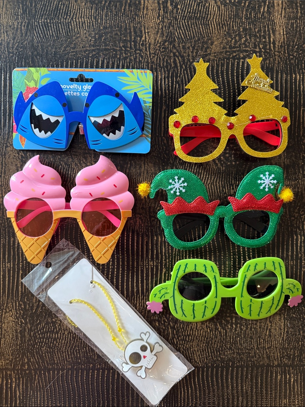 Novelty Costume Sunglasses Five Pairs Assorted Themes Blue Gold Pink Green